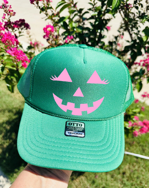 Pumpkin Face DTF Printed Kelly Green Trucker Hat