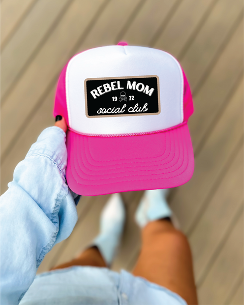 Rebel Mom DTF Printed Hot Pink and White Trucker Hat