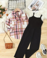 2pcs Plaid Flannel Shirt & Suspender Romper Set - Girls' Fashion Casual Pant Sets