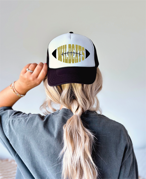Football Shaped Team Spirit DTF Printed Black And White Trucker Hat