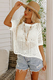 Fishnet Knit Ribbed Round Neck Short Sleeve Tee