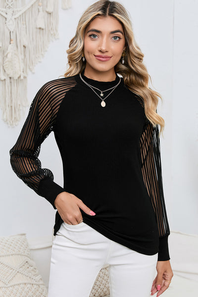 Black Basic Crew Neck Dressy Striped Mesh Long Sleeve Top