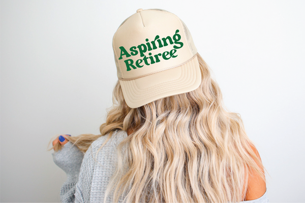 Aspiring Retiree DTF Printed Khaki Green Writing Trucker Hat