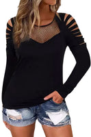 Black Mesh Patch Ripped Long Sleeve Top
