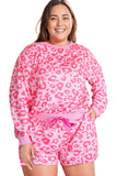 Pink Leopard Long Sleeve Satin Tie Shorts Plus Size Outfit