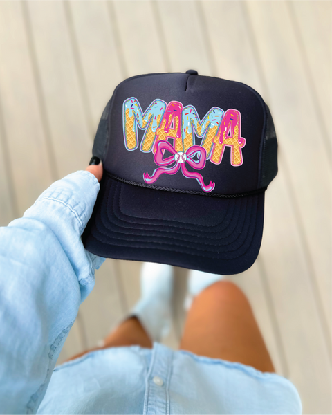 Baseball Mama Icecream DTF Printed Black Trucker Hat