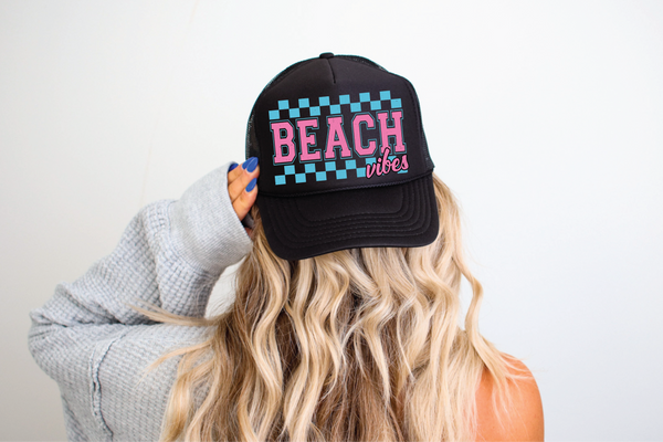 Beach Vibes DTF Printed Foam Black Trucker Hat