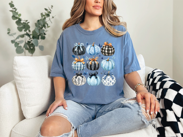 Blue Floral and Black Plaid Pumpkins  Fall Graphic T-Shirt