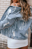 Sequined Fringe Distressed Button Up Denim Jacket