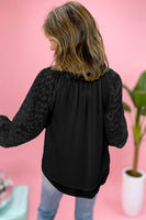 Black Leopard Lantern Sleeve Fringe Tie Front Blouse