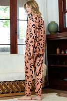 Apricot Pink Leopard Print Long Sleeve Top and Drawstring Pants Set