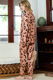 Apricot Pink Leopard Print Long Sleeve Top and Drawstring Pants Set