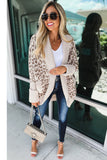 Khaki Fuzzy Leopard Ribbed Trim Pockets Lapel Collar Cardigan