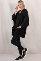 Black Batwing Sleeve Pocket Oversized Cable Knit Cardigan