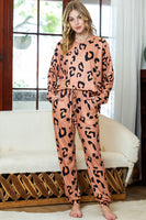 Apricot Pink Leopard Print Long Sleeve Top and Drawstring Pants Set