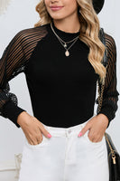 Black Basic Crew Neck Dressy Striped Mesh Long Sleeve Top