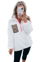 White Leopard Patch Pocket Half Zipped Fleece Sweatshirt