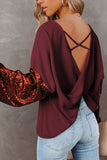 Black Cross Backless Sequin Bishop Sleeve Top