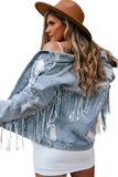 Sequined Fringe Distressed Button Up Denim Jacket