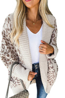 Khaki Fuzzy Leopard Ribbed Trim Pockets Lapel Collar Cardigan