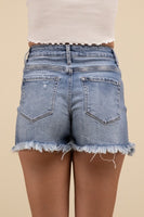 Mid Rise Raw Frayed Hem Denim Shorts