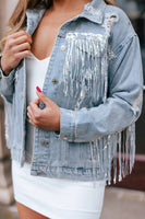 Sequined Fringe Distressed Button Up Denim Jacket