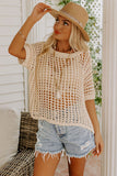 Fishnet Knit Ribbed Round Neck Short Sleeve Tee