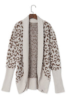 Khaki Fuzzy Leopard Ribbed Trim Pockets Lapel Collar Cardigan