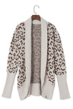 Khaki Fuzzy Leopard Ribbed Trim Pockets Lapel Collar Cardigan