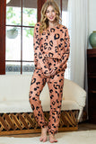 Apricot Pink Leopard Print Long Sleeve Top and Drawstring Pants Set