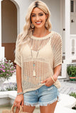 Fishnet Knit Ribbed Round Neck Short Sleeve Tee