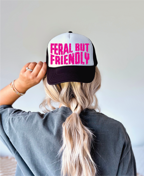 Friendly But Feral DTF Printed Black and White Trucker Hat