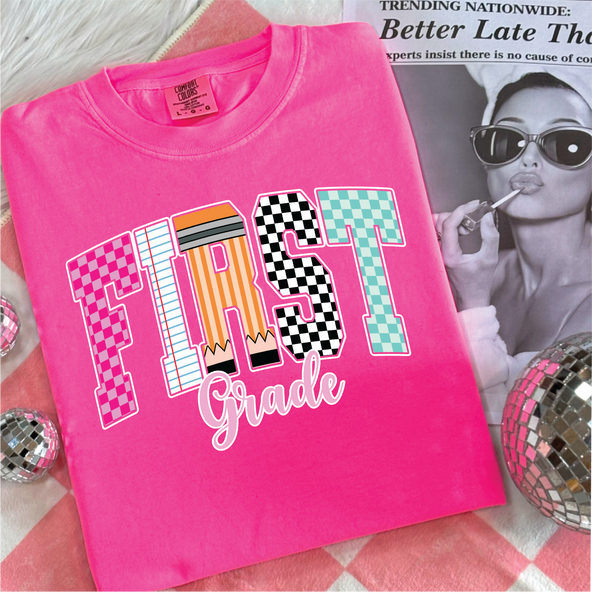 First Grade Checkered Graphic Tee