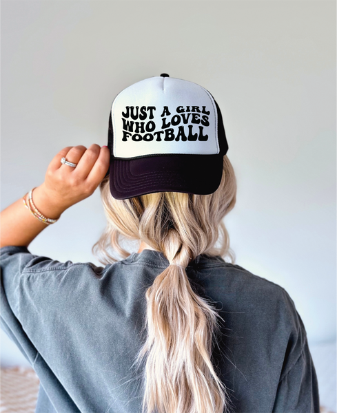 Just a Girl Who Loves Football DTF Printed Black and White Trucker Hat