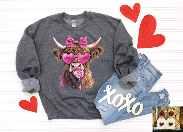 Highland Cow Valentine-  Heather Dark Grey Sweatshirt