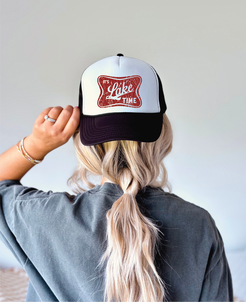 It's Lake Time DTF Printed Black and White Trucker Hat
