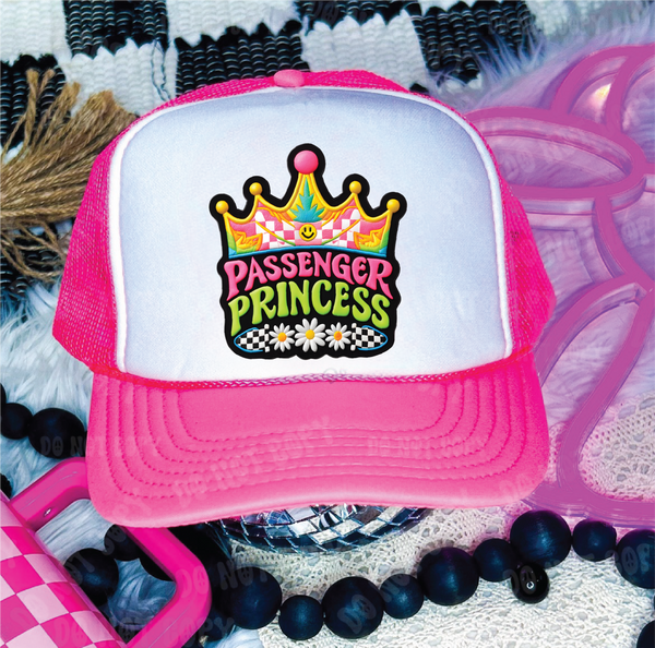 Passenger Seat Princess DTF Printed Neon Pink and White Trucker Hat