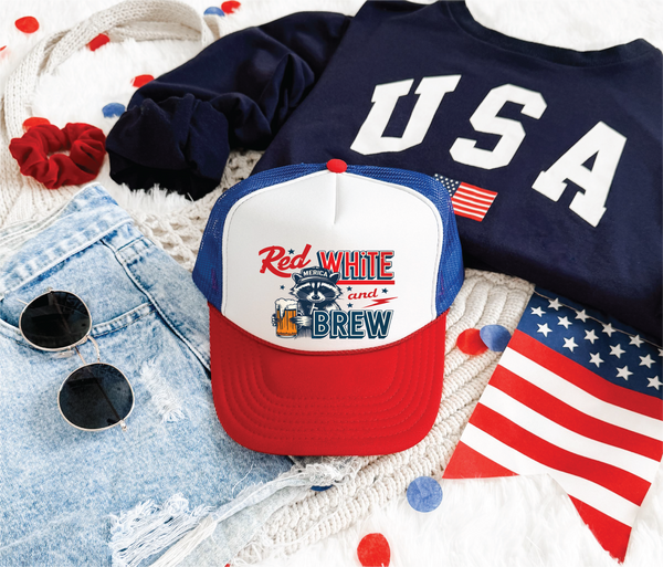Red White and Brew DTF Printed Red White And Blue Trucker Hat