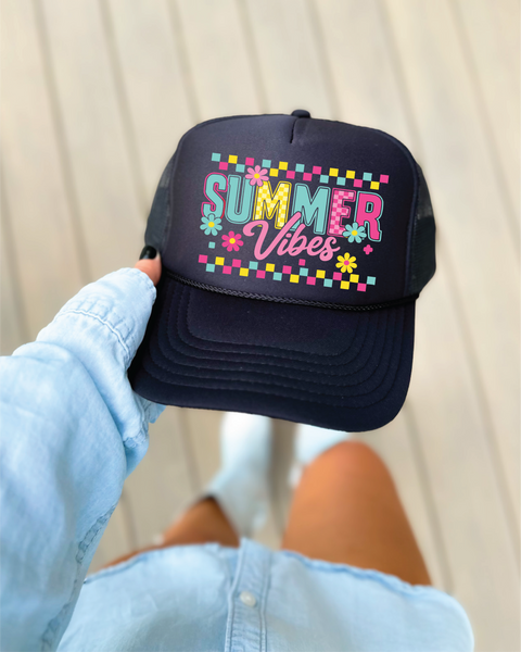 Summer Vibes DTF Printed Black Trucker Hat