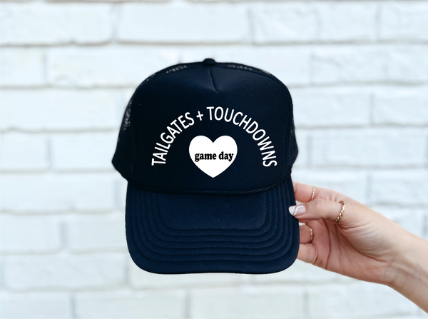 Tailgates + Touchdowns DTF Printed Black Trucker Hat