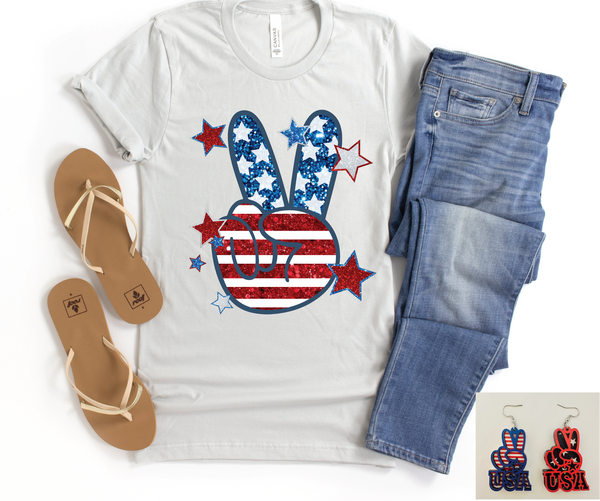 USA Faux Sequin Peace Sign Patriotic Tee