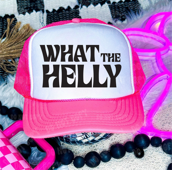 What the Helly DTF Printed Neon Pink and White Trucker Hat