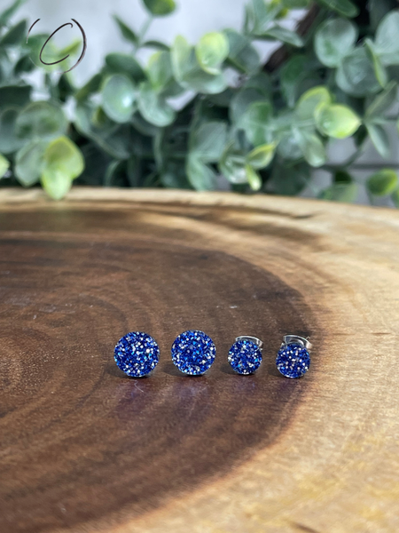 Round Blue Glitter Stud Earrings